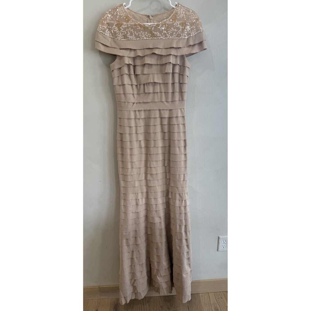 Women's Tadashi Shoji Ruffled Maxi Long Cap Sleeve Gown Dress 8 Beige Tan Beads